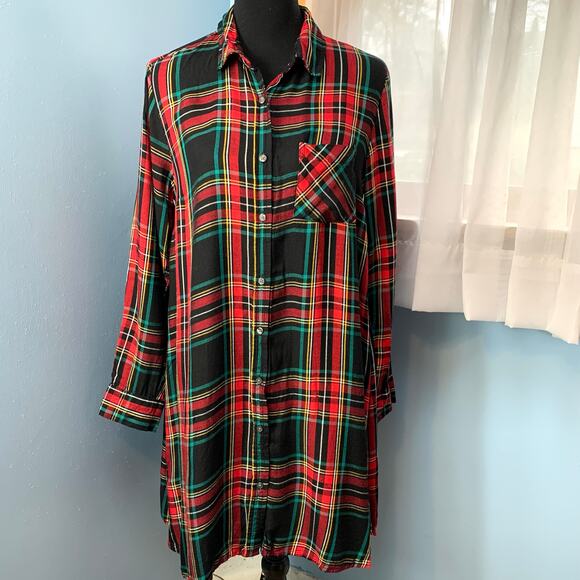 Old Navy Red Festive Plaid Button Front Shirt Dress Size Medium - Picture 2 of 8